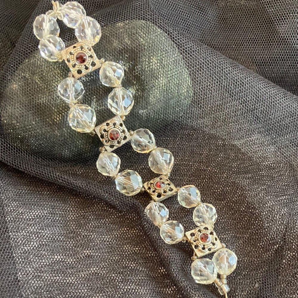 Faceted Crystal Bead & Rhinestone, Metal Bracelet, adjustable size (6-9 inches)
